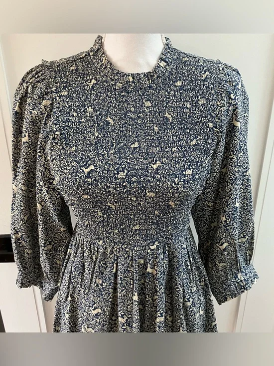 DÔEN Leda Dress in Cream Blue Prancing Fawn Floral - Size XS - Picture 6 of 12